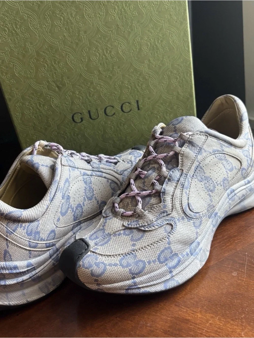 NEW GUCCI MEN'S BEIGE BLUE GG GUCCISSIMA PRINT RUN SNEAKERS SHOES GG10